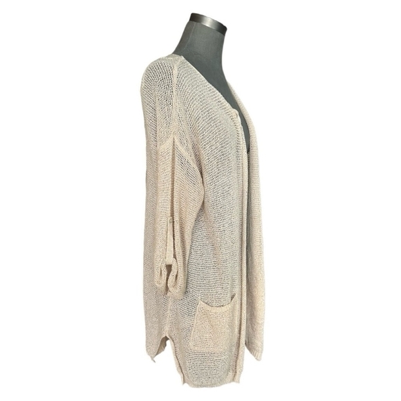 Women’s Cardigan MAK Sweater Beige Knit Duster Open Front Cardigan Cover Top - Picture 2 of 5